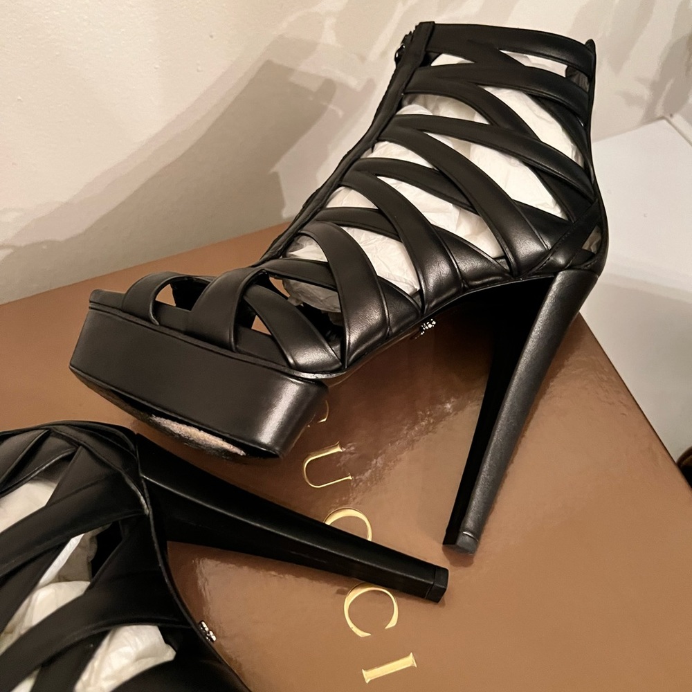 Gucci Black Leather Lifford Cage Platform Sandals Size 38 - Picture 3 of 9